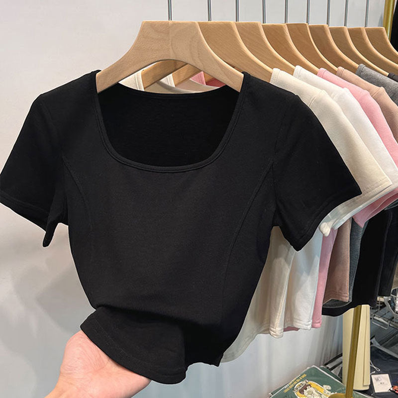 Square Neck T-Shirt for Women with Short Sleeves and Regular Shoulders