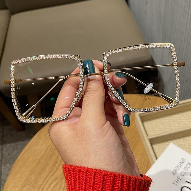 Blu-Ray Retro Sunglasses Women Square Large Frame Flat Mirror Crystal Eye Glasses Frames for Women Gafas De Sol Wholesale