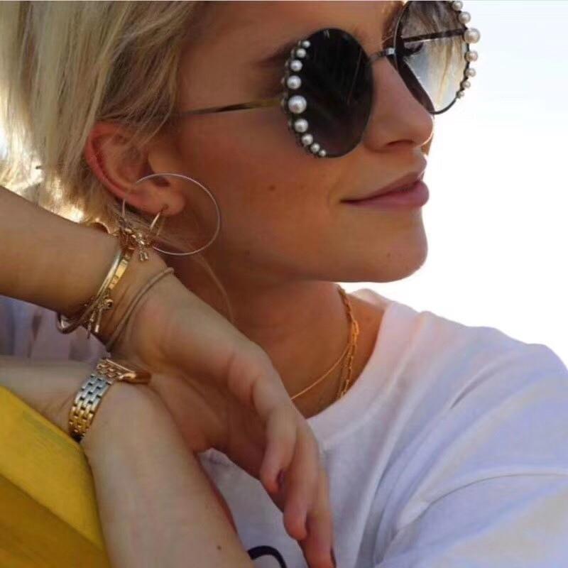 Venetian Round Gradient Pearl Sunglasses Women Brand Eyewear Fashion Design Metal Frame Sun Glasses