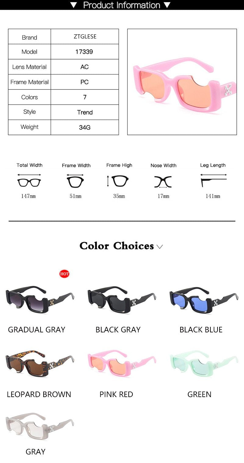 2021 Vintage Rectangle Notch Women Men Sunglasses Black Pink Lenses