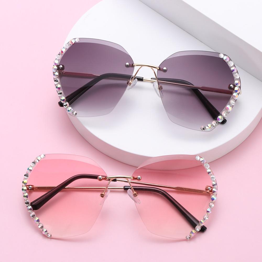 Retro Diamond Rimless Oversized Sun Glasses