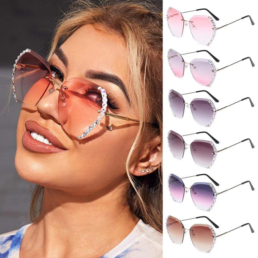 Retro Diamond Rimless Oversized Sun Glasses