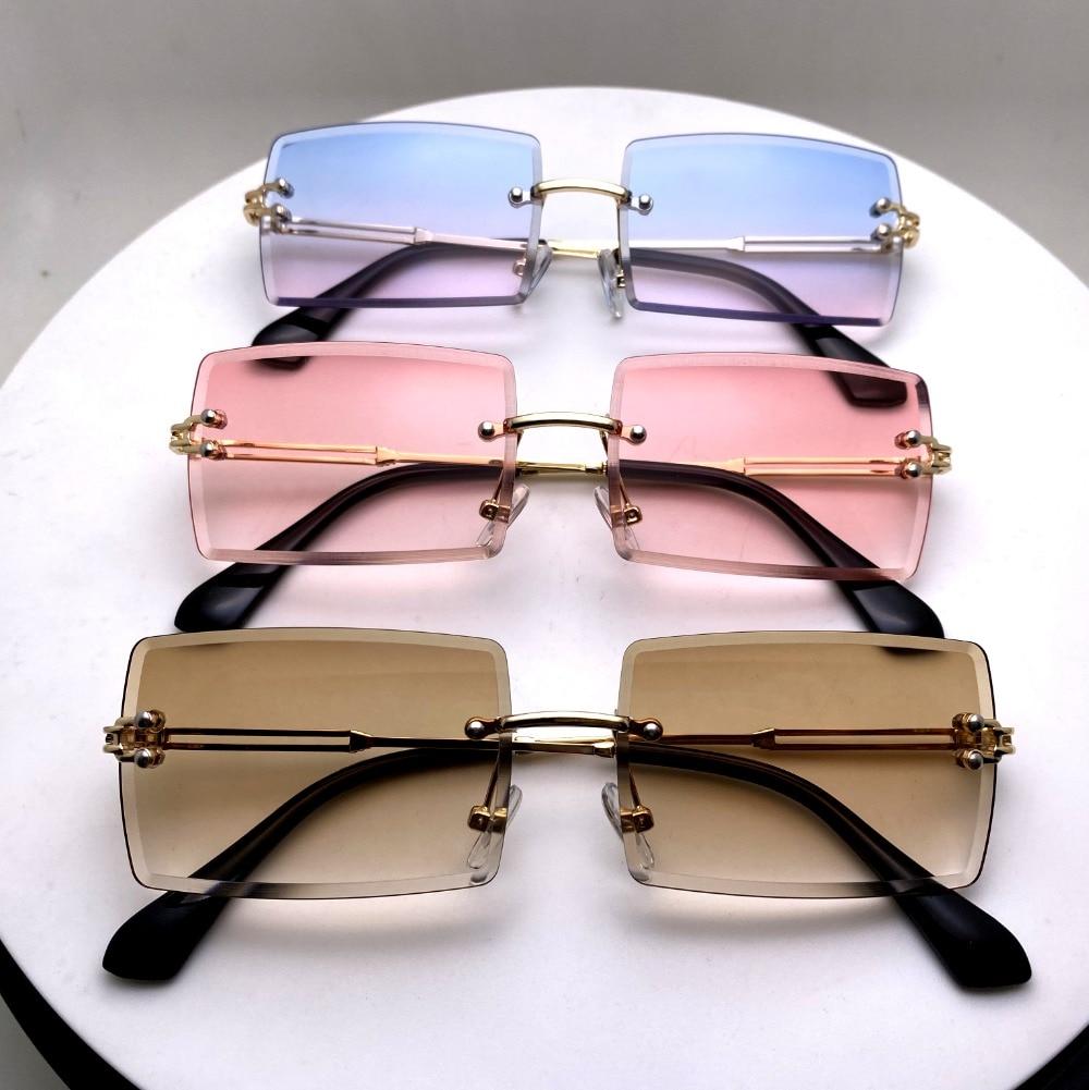 Rimless Sunglasses Rectangle Fashion Popular Women Men Shades Small Square Sun Glasses For Female Summer Traveling Brown Oculos